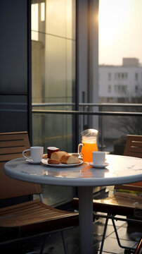 Fr&uuml;hst&uuml;ck am Fenster mit Kaffee und Orangensaft 