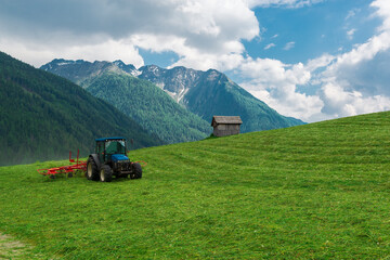 Small tractor cutting grass on alpine field - 631747377
