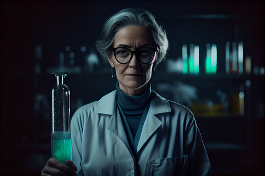 A Middle-aged Woman Is Doing Research In A Laboratory.