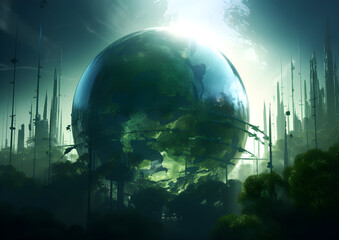 Futuristic planet earth in a crystal clear sphere surrounded of a modern world