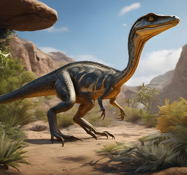 coelophysis dinosaur. Ancient dinosaur in the jungle. Jurassic period. generative AI
