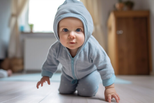 infant child on floor, a baby boy, eagerly prepares himself to stand, his wobbly legs and contagious excitement hinting at the milestone, determined eyes and chubby hands 