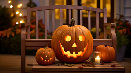 Fototapeta premium Spooky Halloween Jack O Lantern. Carved pumpkin with light. Shallow field of view.