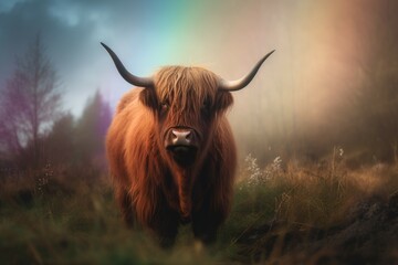 Highland cow rainbow. Generate Ai - obrazy, fototapety, plakaty