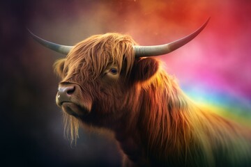 Highland cow rainbow portrait. Generate Ai - obrazy, fototapety, plakaty