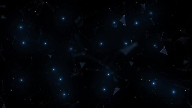 Dark digital space with lines triangles and blinking dots loop animation.