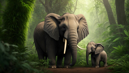 Cute elephant baby with mother in the forest