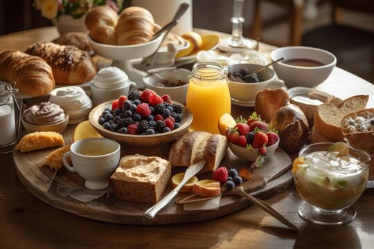 Hotel breakfast closeup. Generate Ai