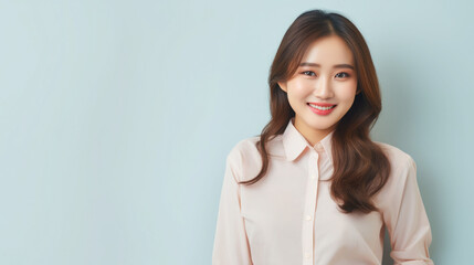 Obraz premium Asian young woman Professional operator standing in office clothes smile and look confident pastel color background
