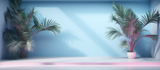 Fototapeta na wymiar A studio background with a gradient blue color is perfect for presenting products. The room is empty and has shadows from the window, flowers, and palm leaves. It is a 3D room that offers plenty