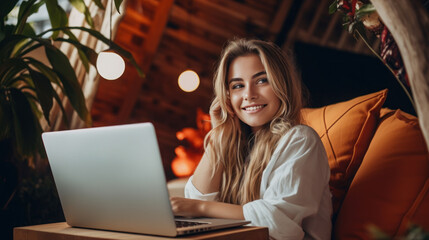 Young woman happy working on the laptop in the modern condominium comfortable