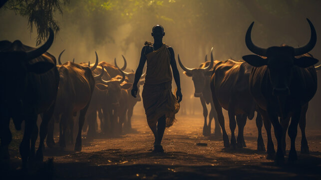The daily life of the Mandari people of Southern Sudan herding the long-horned Ankole Watusi cattle