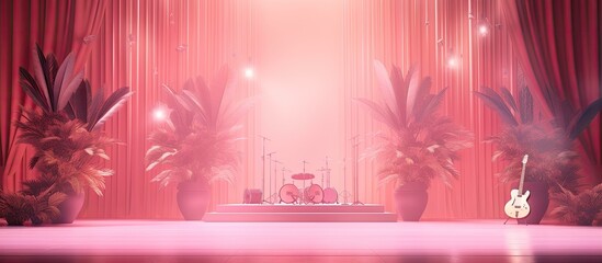 A summer concert themed studio background with an abstract pink design is showcased. The room is empty with shadows of windows, flowers, and palm leaves, providing a 3D effect