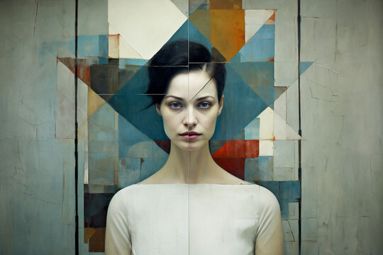 A single young woman transposed with geometric colored patterns, bold portrait with depth and emotion