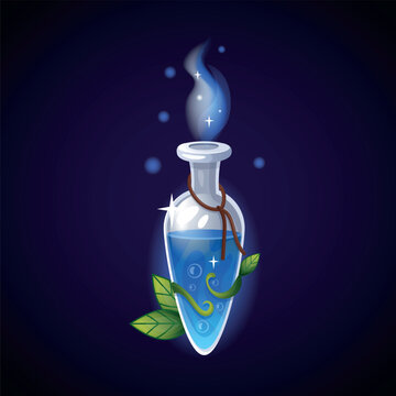 Blue potion in flack. elixir bottle with leaves. Glass vial with magic beverage. Fantasy substance, fantasy game interface element. Halloween decor, cartoon 3d isolated witchcraft illustration