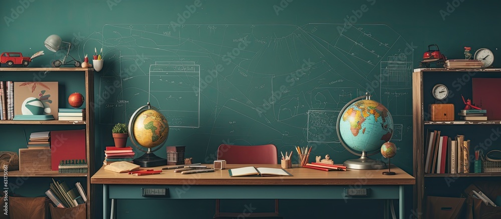 Poster The idea of going back to school or work with a photo of school and office supplies displayed on a table, providing a flat lay view and having space available for writing or adding text.