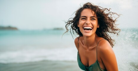 beautiful smiling woman with long hair enjoying sea at summer,