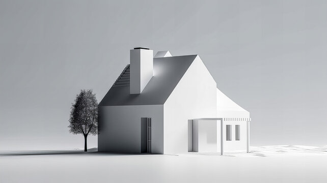 Isolated mockup of a 3D house standing on a white surface. Generative AI technology.