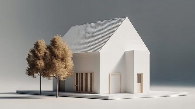 Isolated mockup of a 3D house standing on a white surface. Generative AI technology.