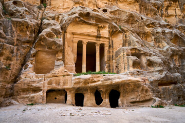 Carved columns in the rock face, Al Beidha (Little Petra), Petra, Jordan