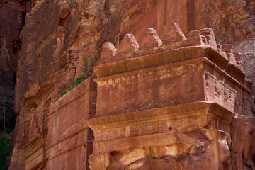 Close-up of the carved fortifications while on a day-trip though the city of Petra, Jordan