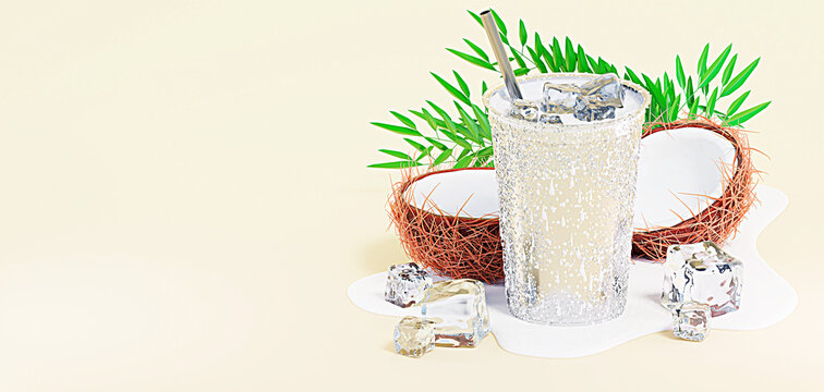 Coconut milk cup, cocktail with coconut milk. 3d illustration of plastic takeaway cup with coconut milk and ice cubes.