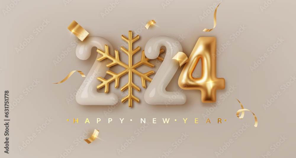 Wall mural 2024 realistic glossy number with golden snowflake. happy new year and merry christmas 2024. greetin