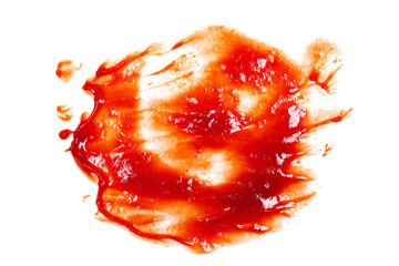 Ketchup splashes, stains isolated on white background, tomato puree texture