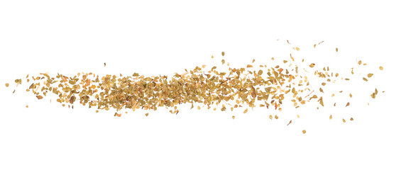 Close up pile, dried, chopped oregano leaves isolated on white 