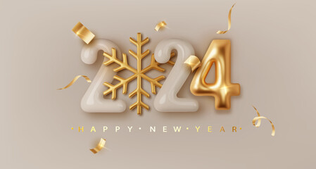 Fototapeta na wymiar 2024 Realistic glossy number with golden snowflake. Happy New Year and Merry Christmas 2024. Greeting card. Vector 3d rendering