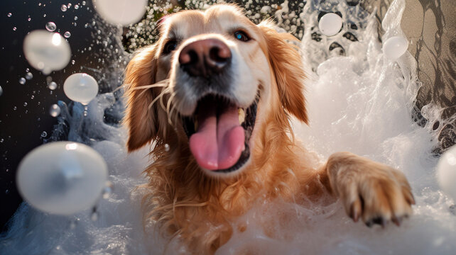 dog taking a foam in a bathtub. Generative AI