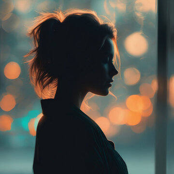 Silhouette Of A Woman Staring Out Of The Window At Sun Down