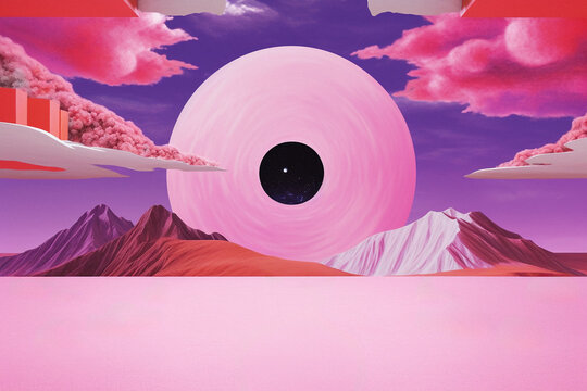 Giant pink eye - disc in a pink desert with mountains and floating islands. The image is a surreal landcape - world and dreamlike scene with a large pink circle with a black pupil in the center. 