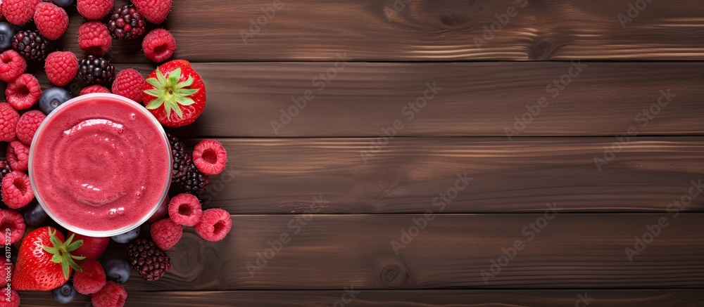 Aufkleber A view from the top with copy space showing a raspberry smoothie and a bowl of berries on a wooden table.