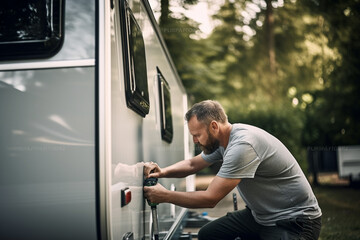 unrecognizable man is doing the maintenance of a camper trailer, He is applying a sealant around the windows and other parts of the trailer, aesthetic look