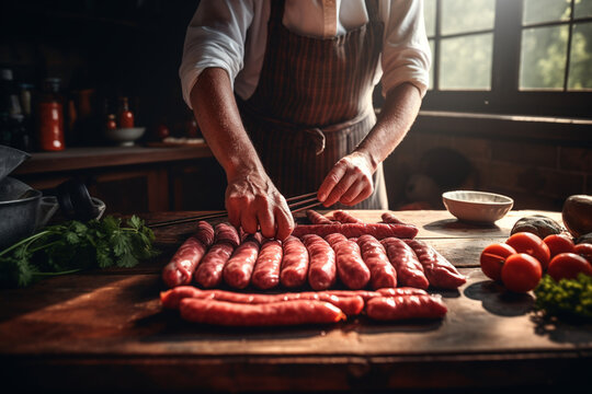 Unrecognizable man making sausages the traditional way at home