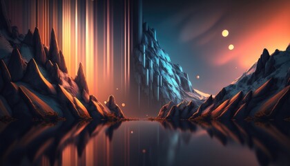 fantasy mountain area backdrop, landscapes wallpaper, hd, in the style of surreal cyberpunk iconography, sparkling water reflections, uhd image, bold, cartoonish lines, background