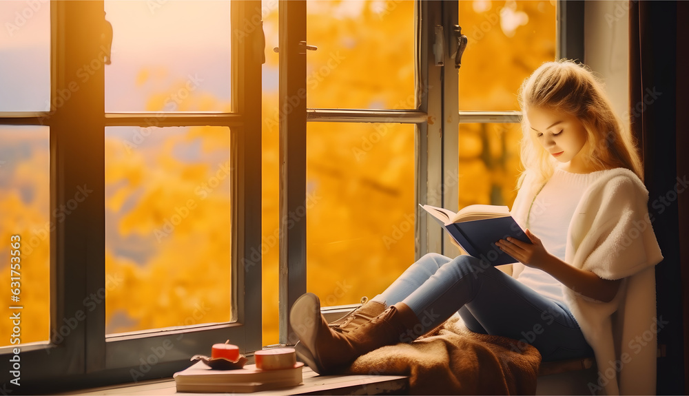 Canvas Prints beautiful girl reading book beside window at autumn season. - Canvas Prints