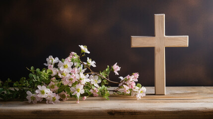 A serene image of a wooden Christian cross adorned with flowers, capturing the beauty of faith and nature Generative AI