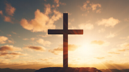 A classic Christian religious cross standing tall against a sunset sky, a symbol of hope and salvation Generative AI