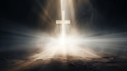 An ethereal depiction of a Christian cross illuminated by a beam of light, signifying divine presence Generative AI - obrazy, fototapety, plakaty