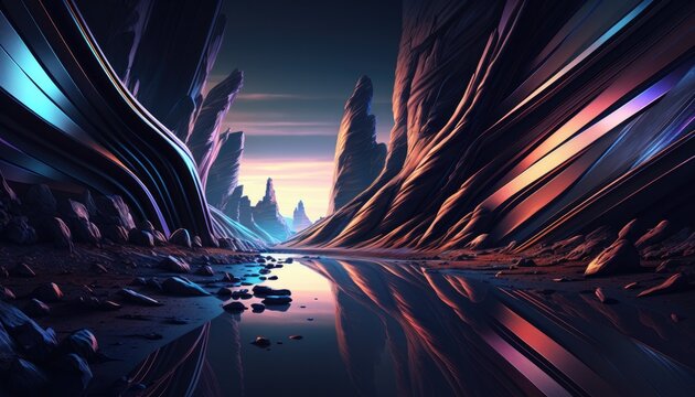 an abstract image of a canyon with water and a mountain, in the style of futuristic spacescapes, 8k resolution, dark cyan and light crimson, reflex reflection
