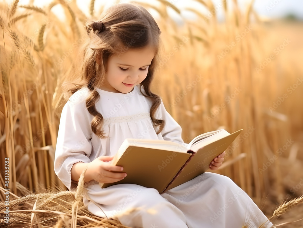 Sticker cute little girl reading bible book beside rice field.