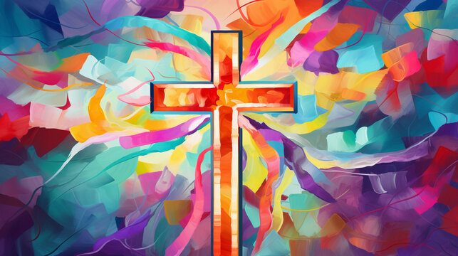 A vibrant artwork of a Christian cross adorned with colorful ribbons, celebrating the joy of resurrection Generative AI
