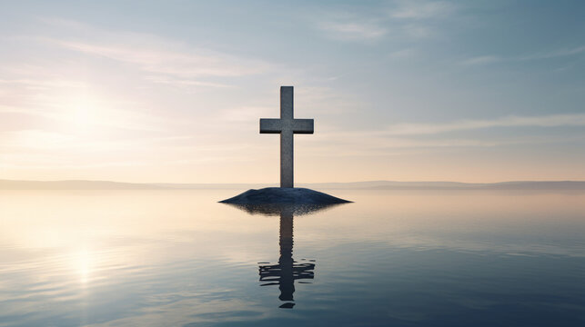 A reflective image of a Christian cross against a calm ocean backdrop, representing eternal tranquility Generative AI