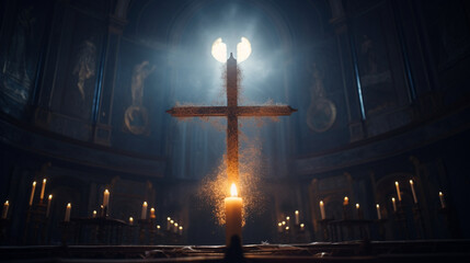 An ethereal photo of a Christian cross illuminated by the soft glow of candles, creating an atmosphere of reverence Generative AI