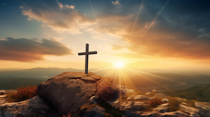Fototapeta premium A majestic portrayal of a Christian cross atop a hill, against a backdrop of a radiant sunrise, symbolizing new beginnings Generative AI