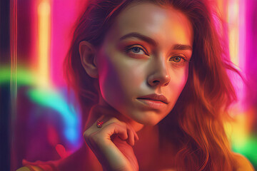 young girl with rainbow color in neon style