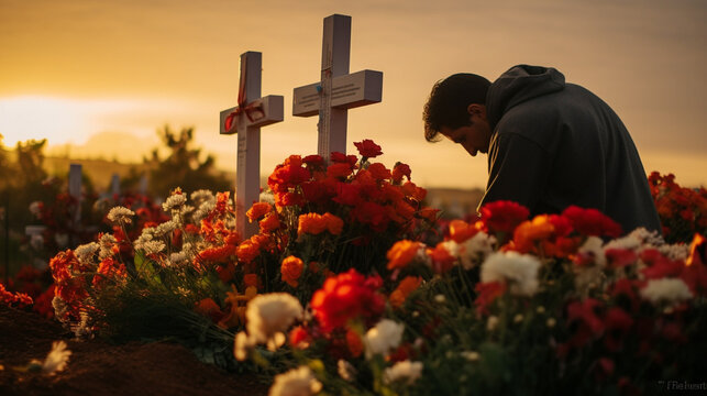 A poignant photo of a person leaving flowers at the base of a Christian cross, honoring the memory of a loved one Generative AI