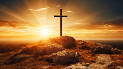 An uplifting image of a Christian cross atop a hill, bathed in golden sunlight, conveying the concept of divine guidance Generative AI